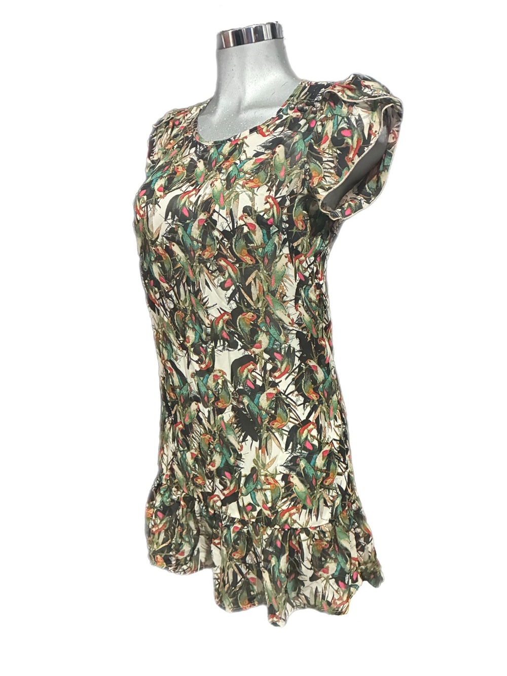 Belle Du Jour Parakeet Novelty Print Mini Dress Medium Sheer Ruffle Trim Jungle